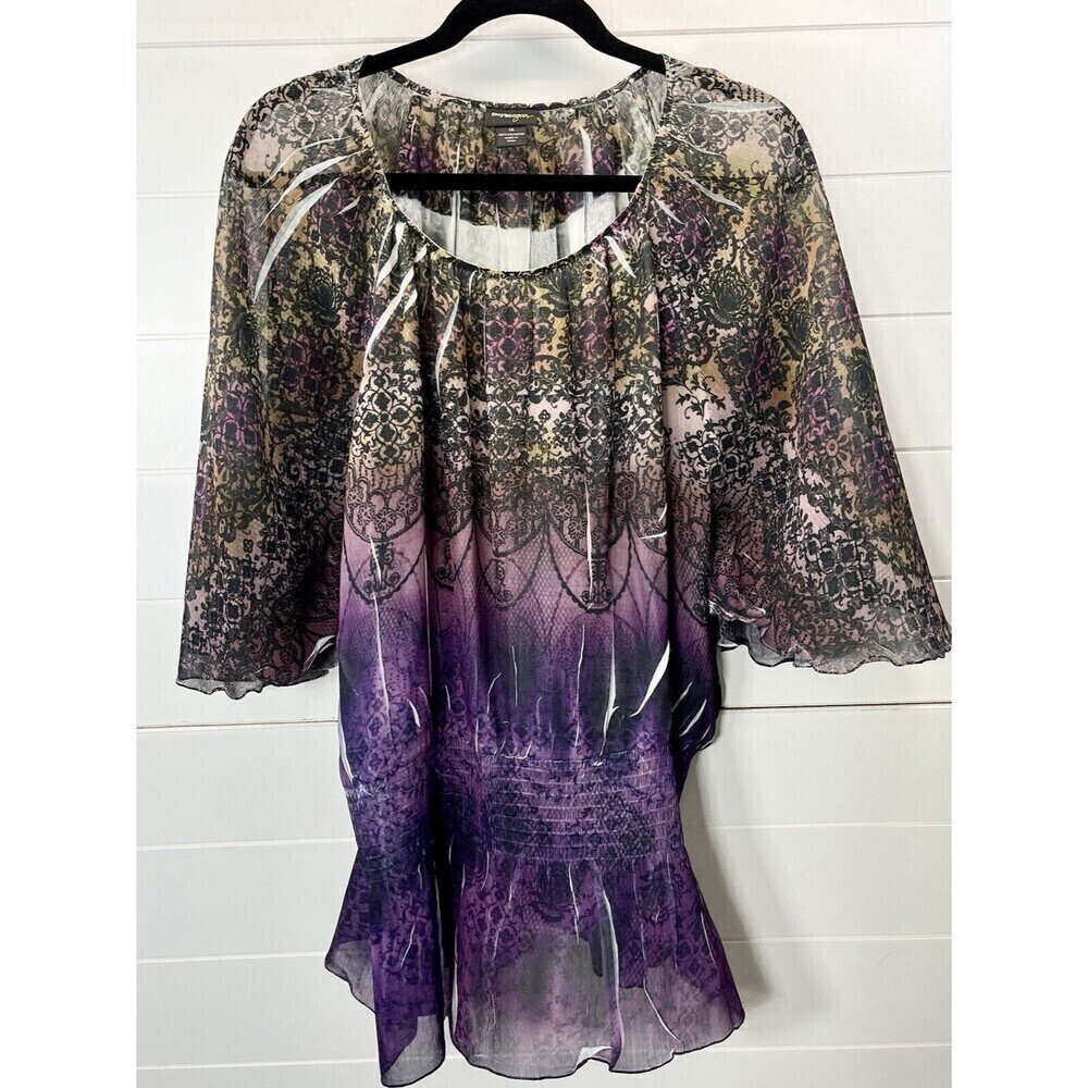 Style & Co 1X Sheer Top Womens Lettuce Edge Fairy Wing Elastic Waist Purple
